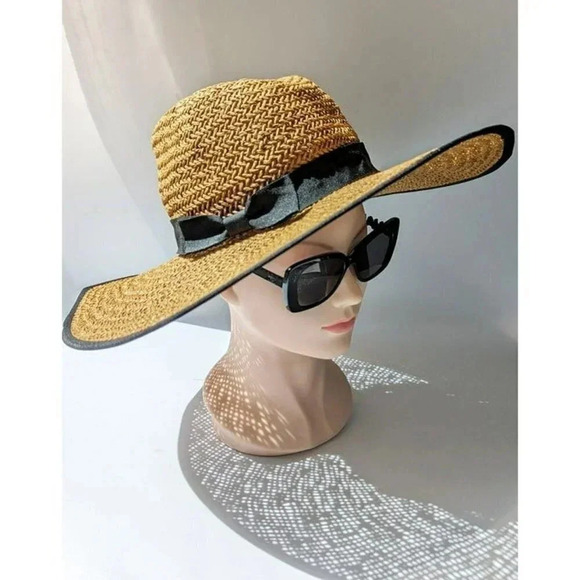 BTB Los Angeles Women's Cassie Straw Wide Brim Sun Hat in Sand/Brown Size L - Picture 5 of 5